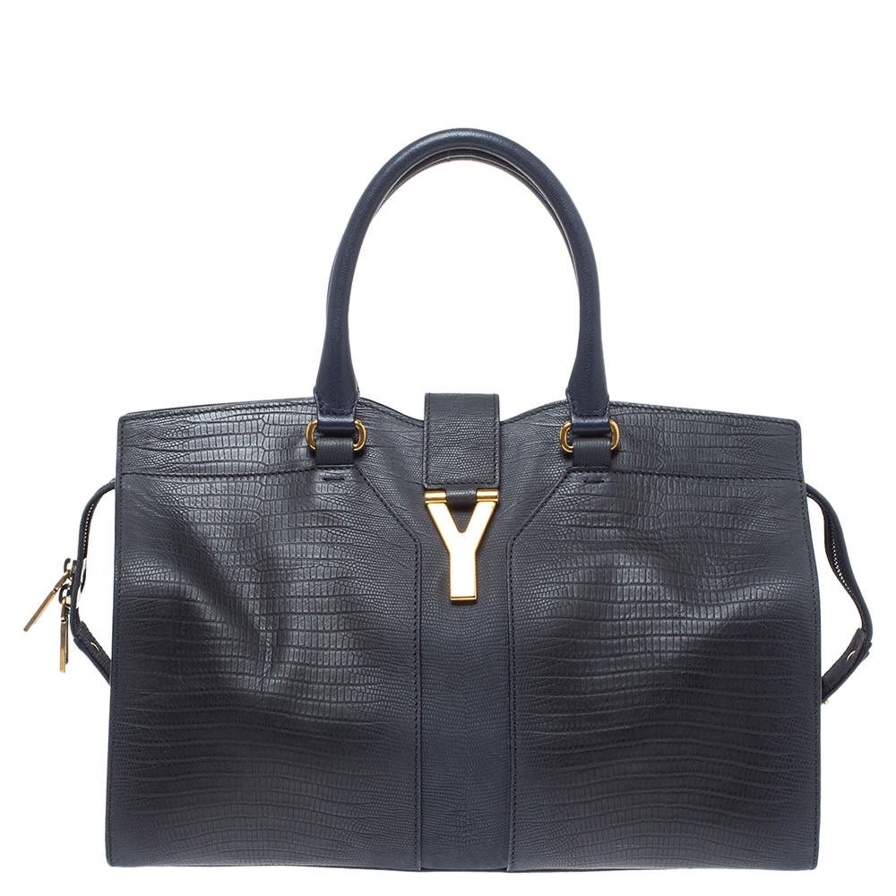 YSL Navy Blue Lizard Leather Large Handbag